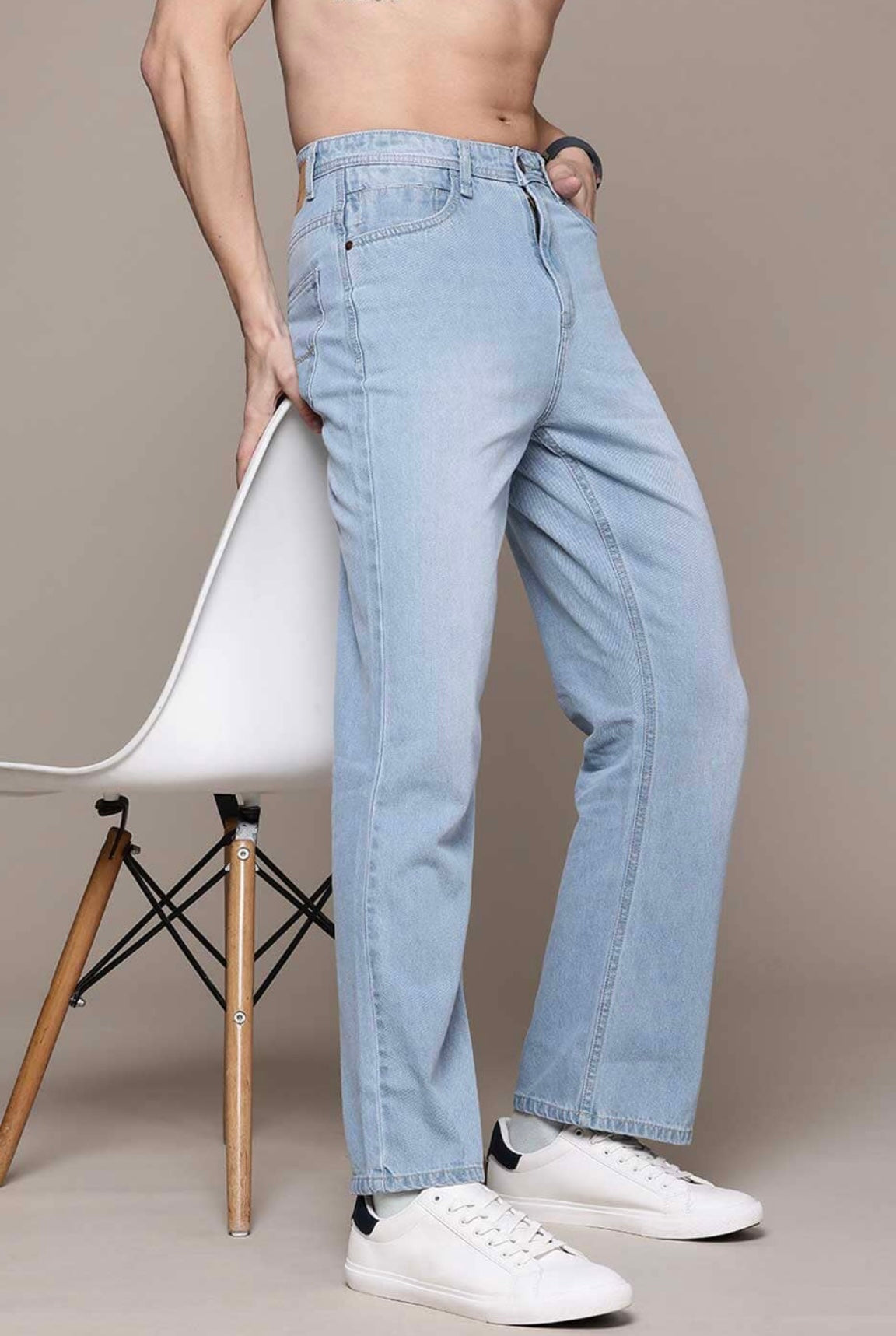 Loose Fit Plain Denim Jeans In Sky Blue