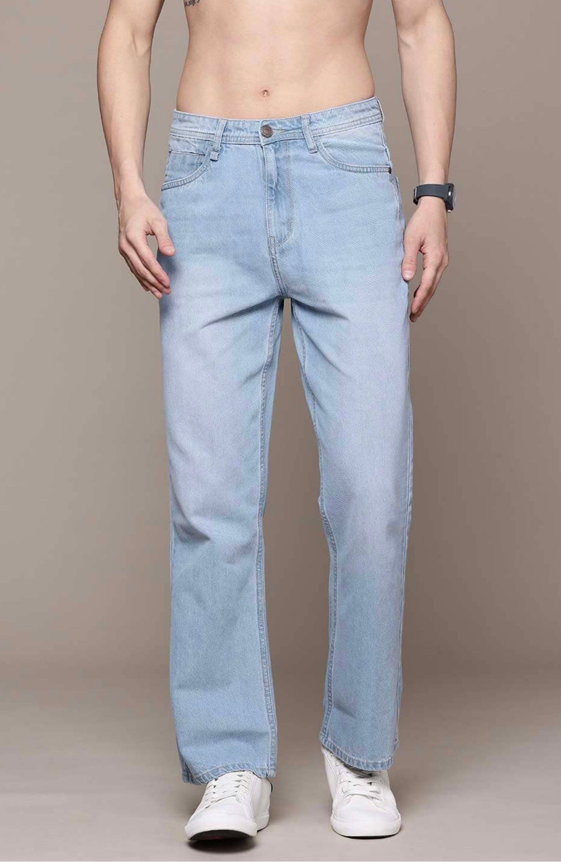 Loose Fit Plain Denim Jeans In Sky Blue